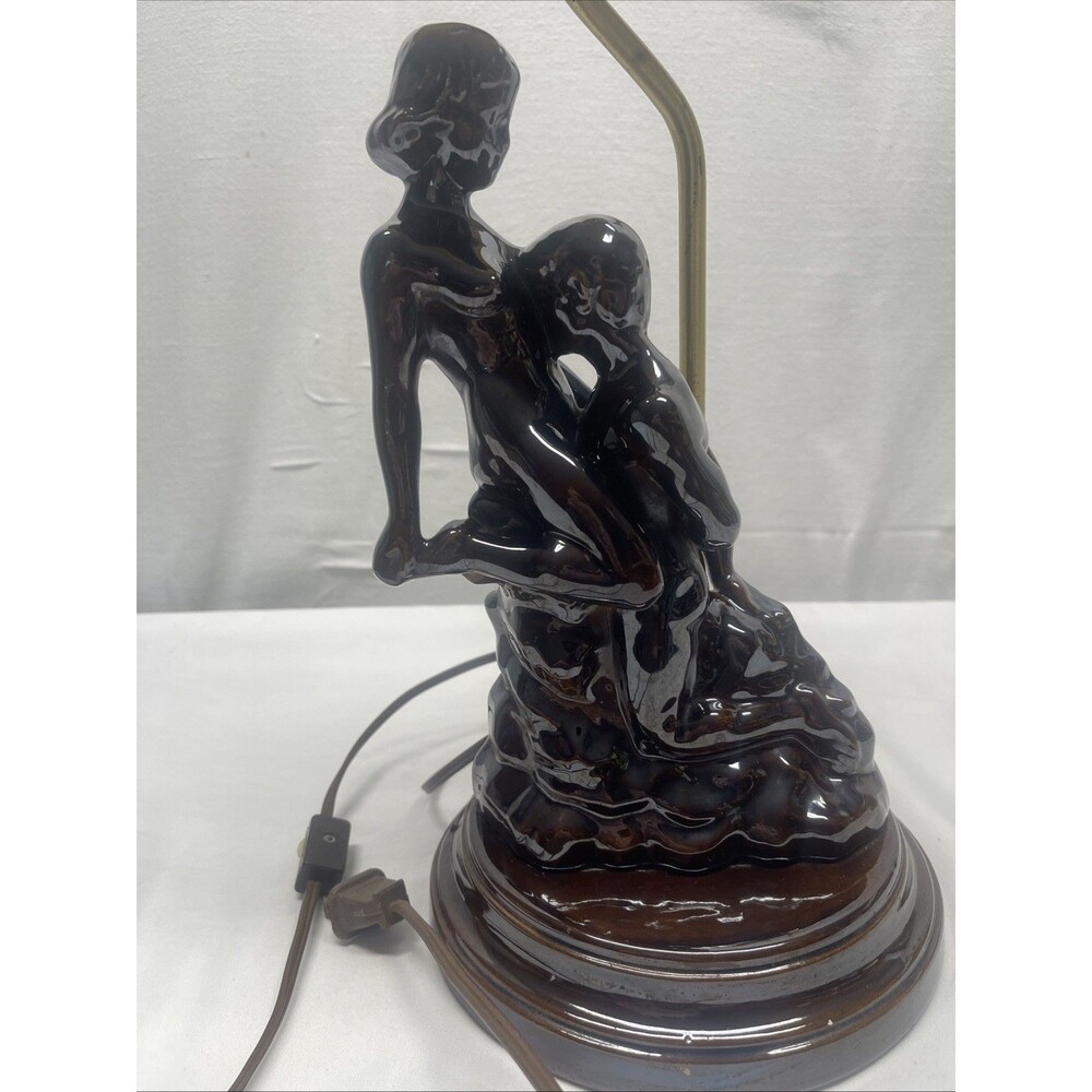 Vintage 1970s Art Deco Table Lamp Couple Embracing Brown 15.5" Exotic RARE HTF